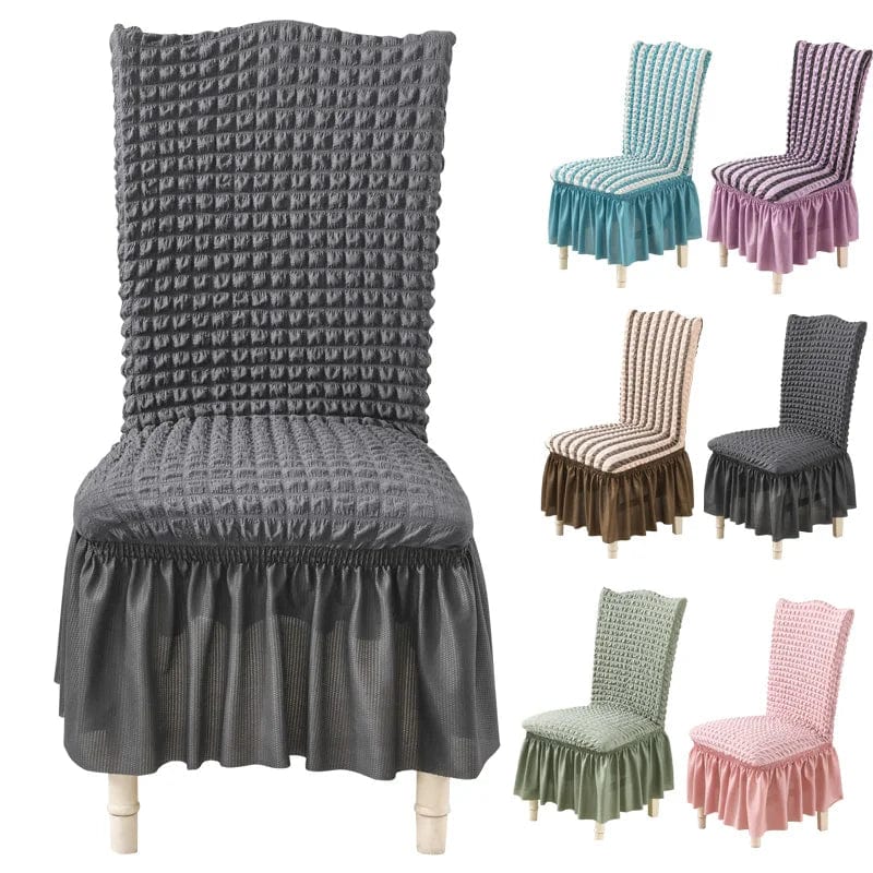 Seersucker dining chair cover by Showlu Fashion Store with elastic stretch skirt for banquet and wedding chairs.