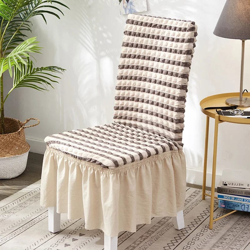 Seersucker dining chair cover by Showlu Fashion Store, stretch slipcover with elastic skirt for banquet or wedding chairs.