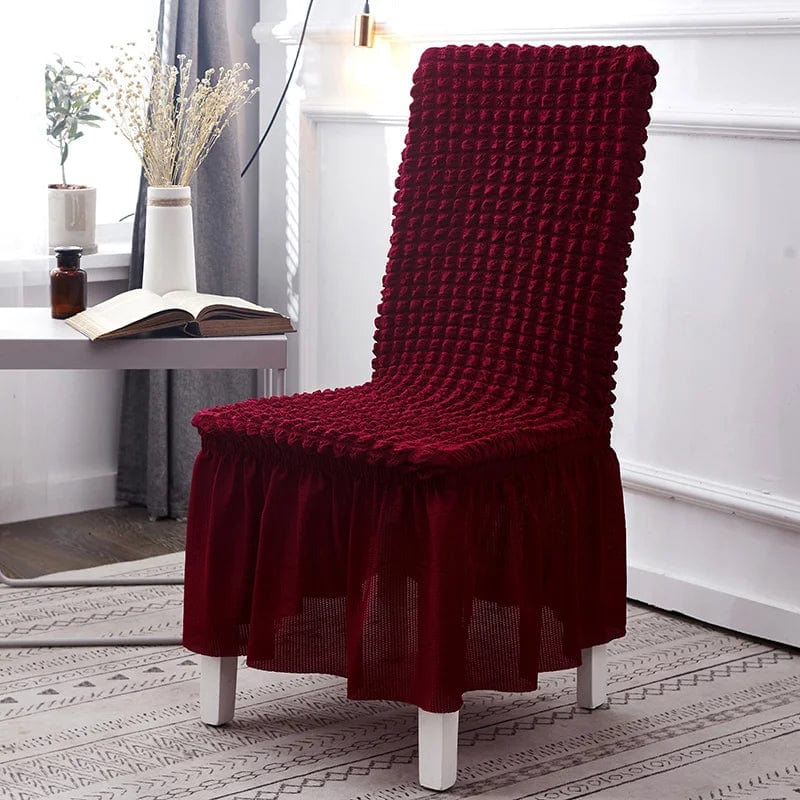Seersucker S-EMIGA dining chair cover with elastic stretch skirt for banquet or wedding chairs, decorative slipcover for dining room.
