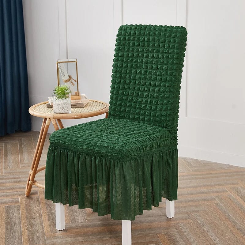 Seersucker dining chair cover by Showlu Fashion Store, stretch slipcover with elastic skirt for banquet and wedding chairs.