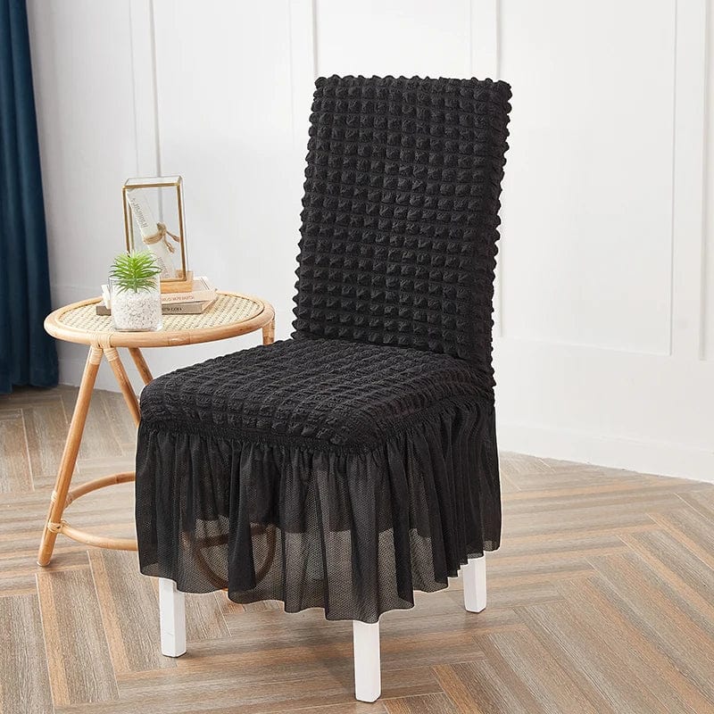 Seersucker stretch dining chair cover with elastic skirt for banquet or wedding chairs, featuring a stylish, high-quality design.