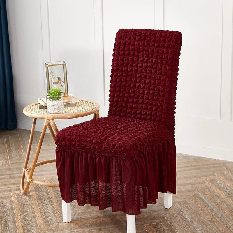 Seersucker dining chair cover with elastic stretch skirt for banquet or wedding chairs, designed by Showlu Fashion Store.