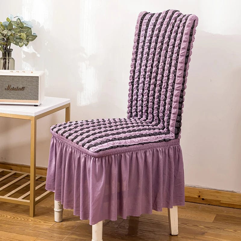 Seersucker dining chair cover by Showlu Fashion Store with stretch elastic skirt for banquet or wedding chair decor.