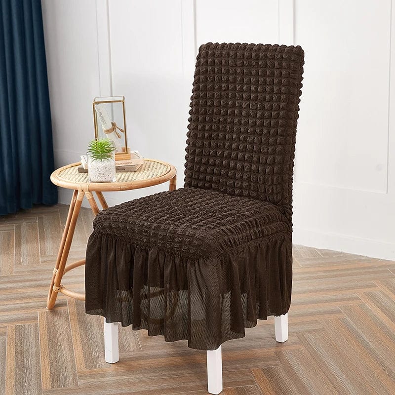 Seersucker dining chair cover by Showlu Fashion Store, stretchy slipcover with elastic skirt for banquet or wedding chairs.
