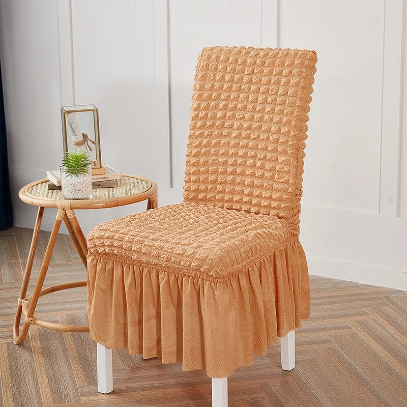 Seersucker S-EMIGA stretch dining chair cover with elastic skirt for banquet or wedding chairs, stylish and protective slipcover.