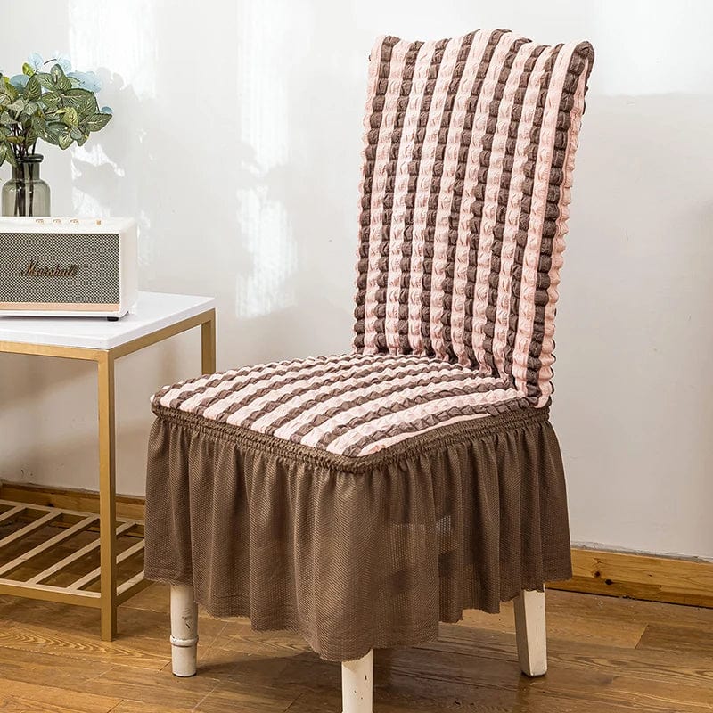 Seersucker dining chair cover by Showlu Fashion Store, stretch slipcover with elastic skirt for banquet and wedding chairs.