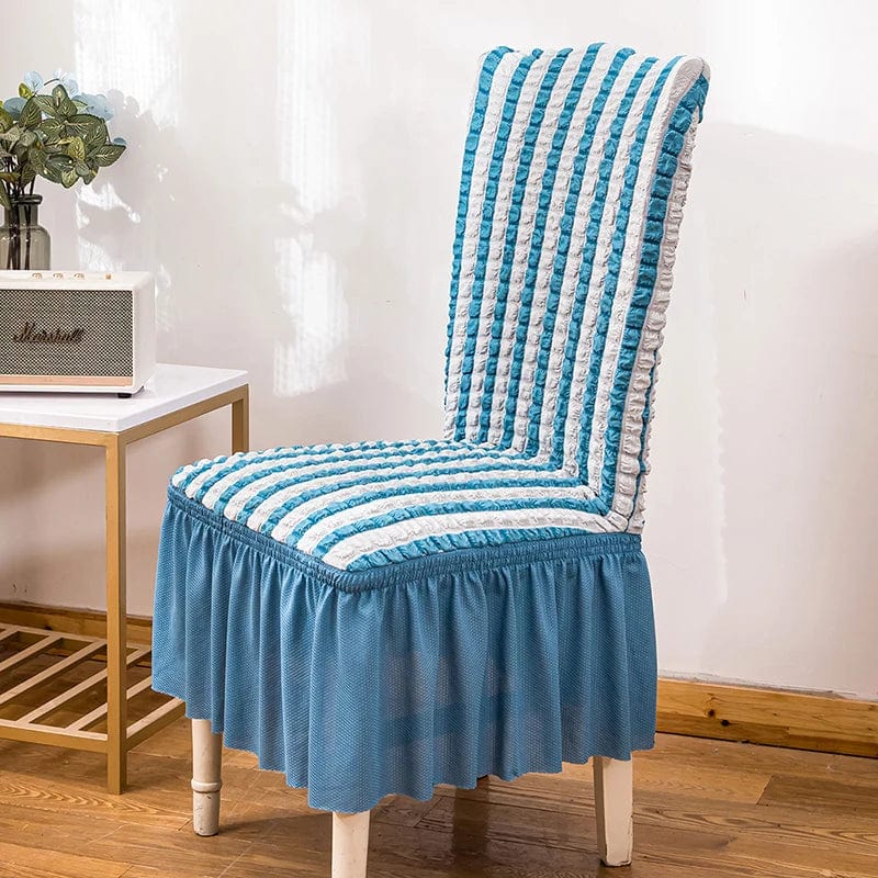 Seersucker dining chair cover by Showlu Fashion Store with stretch elastic skirt for banquet or wedding chair decor.