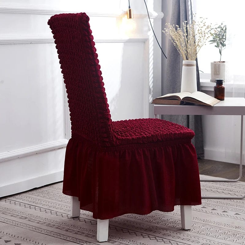 Seersucker dining chair cover by Showlu Fashion Store with stretchy elastic skirt for banquet and wedding chair decoration.