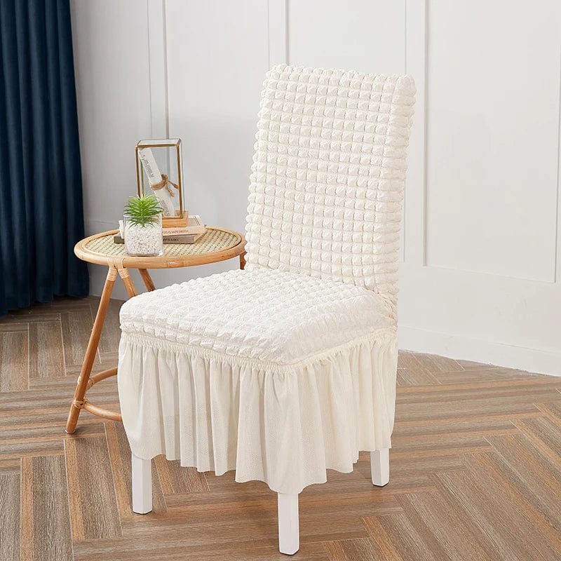 Seersucker dining chair cover by Showlu Fashion Store, elastic stretch slipcover with skirt for banquet or wedding chairs.
