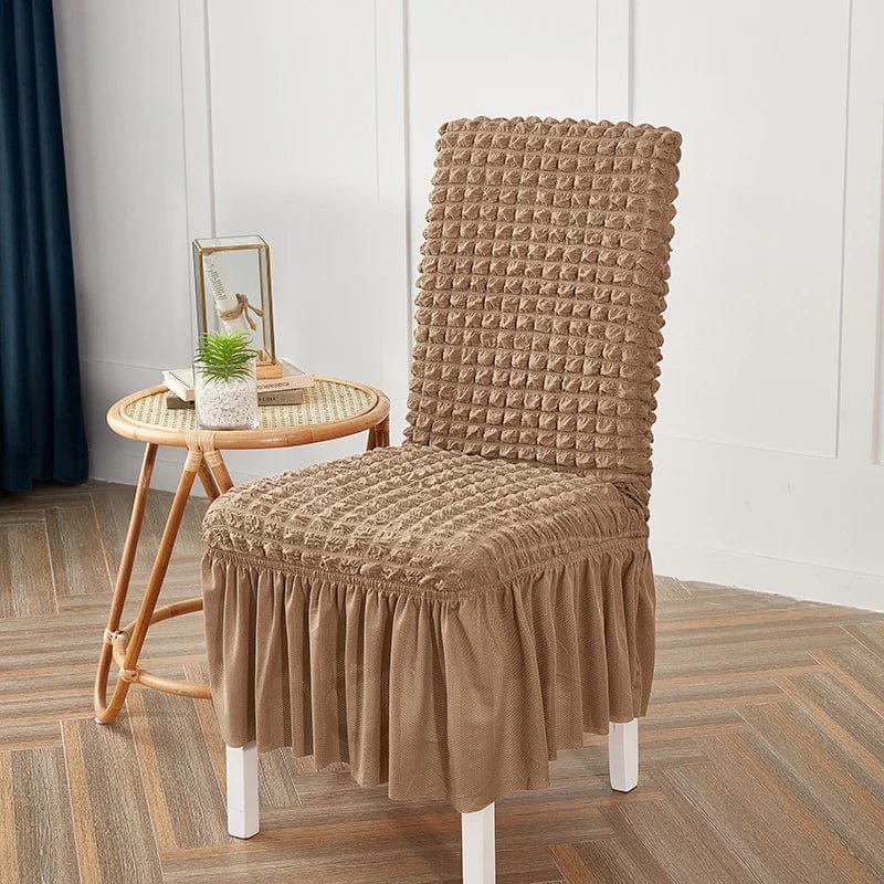 Seersucker dining chair cover by Showlu Fashion Store, stretch slipcover with elastic skirt for banquet or wedding chairs.