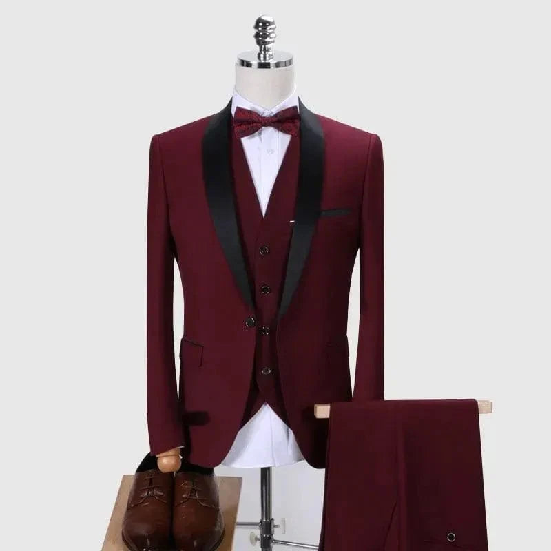 Showlu Fashion men's green 3-piece slim fit wedding suit with collar, vest, and trousers in British style, perfect for formal occasions.