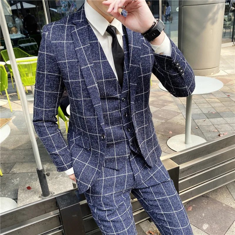 SHOWLU Men's 3-Piece Striped Plaid Suit with vest and trousers, slim fit wedding tuxedo for groom, stylish British-inspired attire