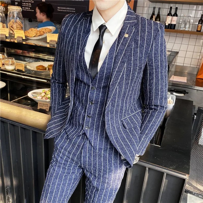 SHOWLU Men's 3-Piece Striped Plaid Suit with vest and trousers, slim fit groom tuxedo for wedding or formal occasions.