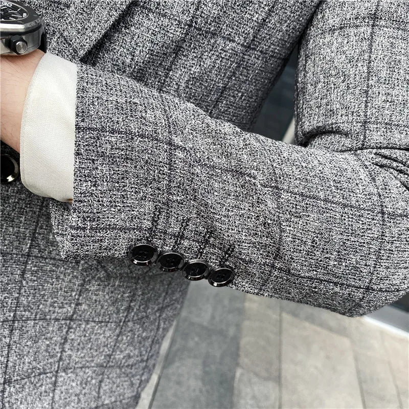 SHOWLU Men's 3-Piece Striped Plaid Suit with vest and trousers, slim fit wedding groom tuxedo, stylish British-inspired formal wear