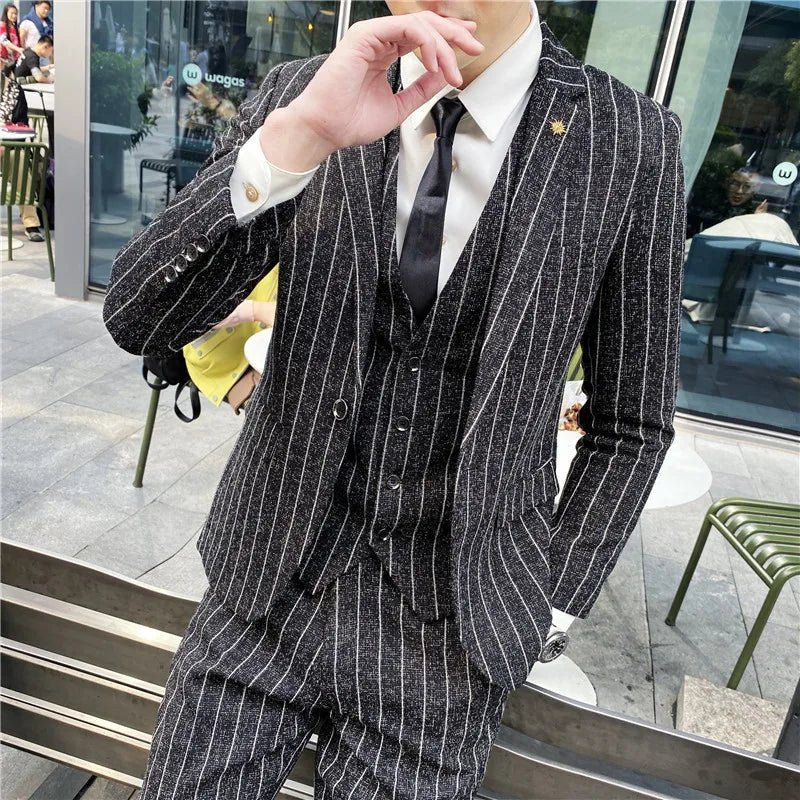 Men's 3-piece striped plaid suit by SHOWLU FASHION STORE, featuring a slim fit tuxedo, vest, and trousers for wedding or formal events.