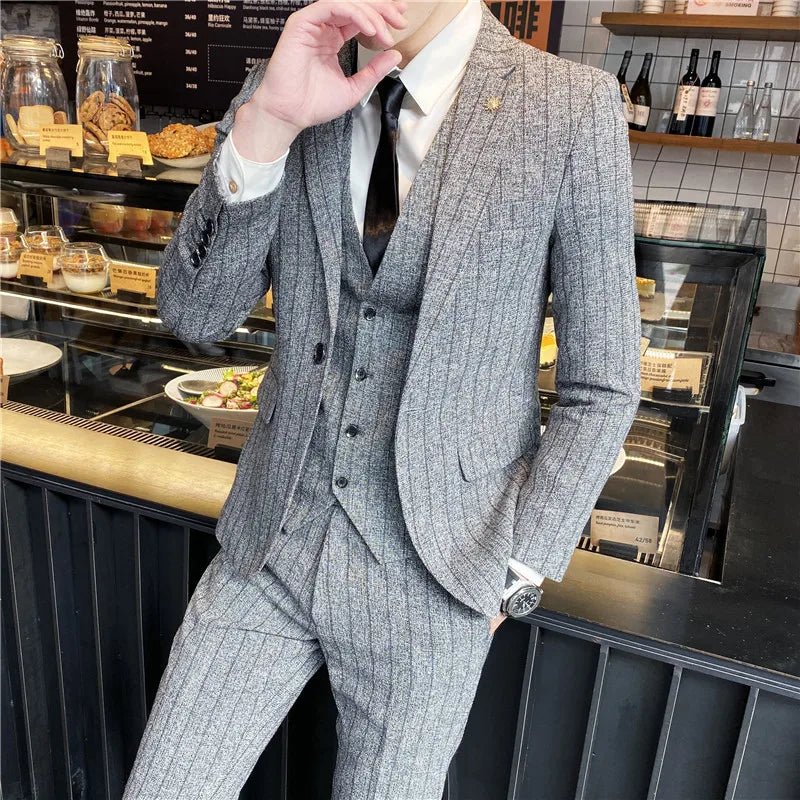 Men's 3-piece striped plaid suit by SHOWLU FASHION STORE, featuring slim fit jacket, vest, and trousers for wedding and formal occasions.