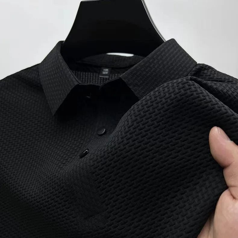 Showlu men's short sleeve polo shirt in blue, breathable summer business casual top with a classic collar and button front.