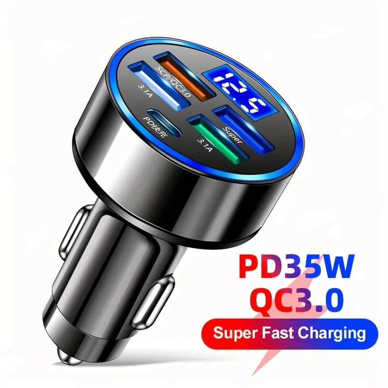 Showlu 4-Port Car Charger with 54W PD, 35W fast charging, and QC 3.0 adapter for multiple devices in a vehicle.