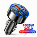 Showlu 4-Port Car Charger with 54W PD, 35W fast charging, and QC 3.0 adapter for multiple devices in a vehicle.