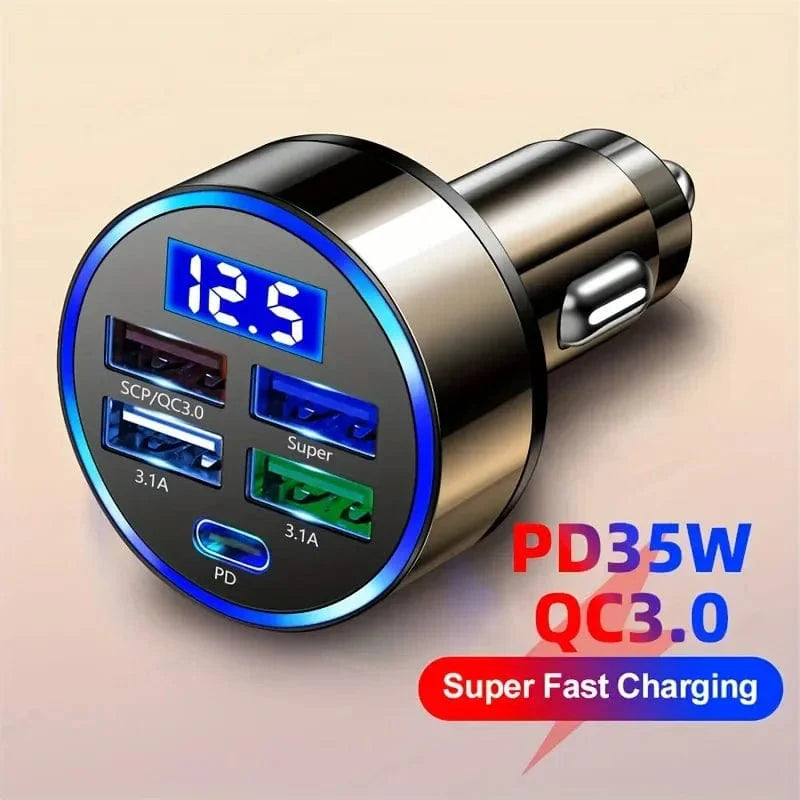 Showlu 4-Port Car Charger with 54W PD and QC 3.0 fast charging ports, designed for quick device charging in vehicles.