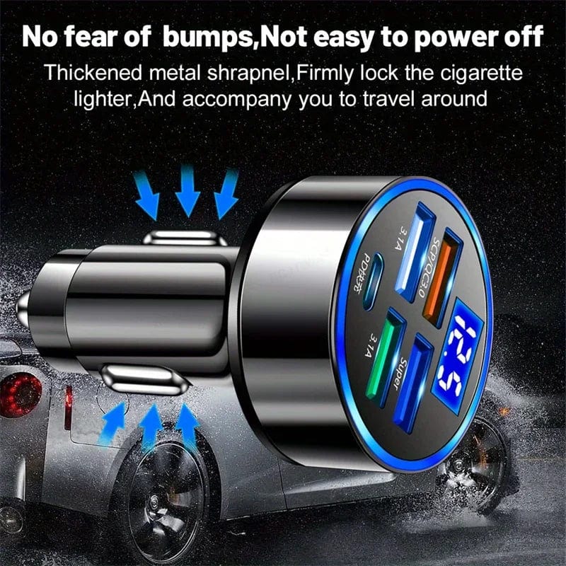 Showlu 4-Port Car Charger with 54W PD and QC 3.0 fast charging, multi-port car charger for quick device charging in vehicles.