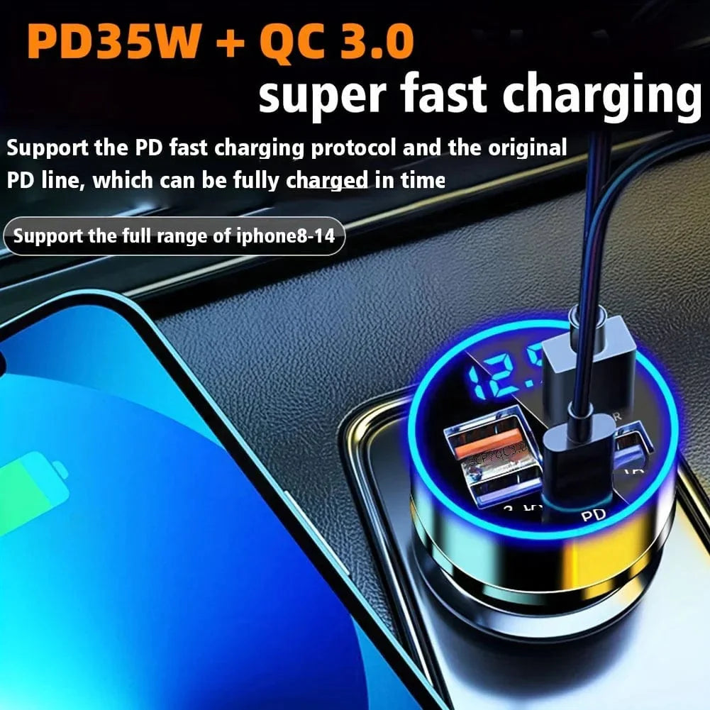 Showlu 4-Port Car Charger with 54W Power Delivery and QC 3.0 Fast Charging, multiple USB ports for quick device charging