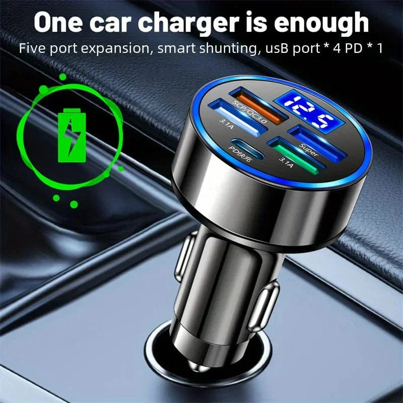 Showlu 4-Port Car Charger with 54W PD and 35W QC 3.0 fast charging, featuring multiple USB ports for quick device charging.