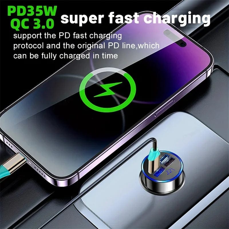 Showlu 4-port car charger with 54W PD and QC 3.0 fast charging, featuring multiple USB ports for quick device charging