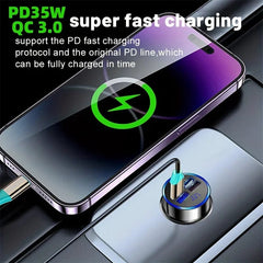A multi-port car charger connected to a smartphone via a charging cable.