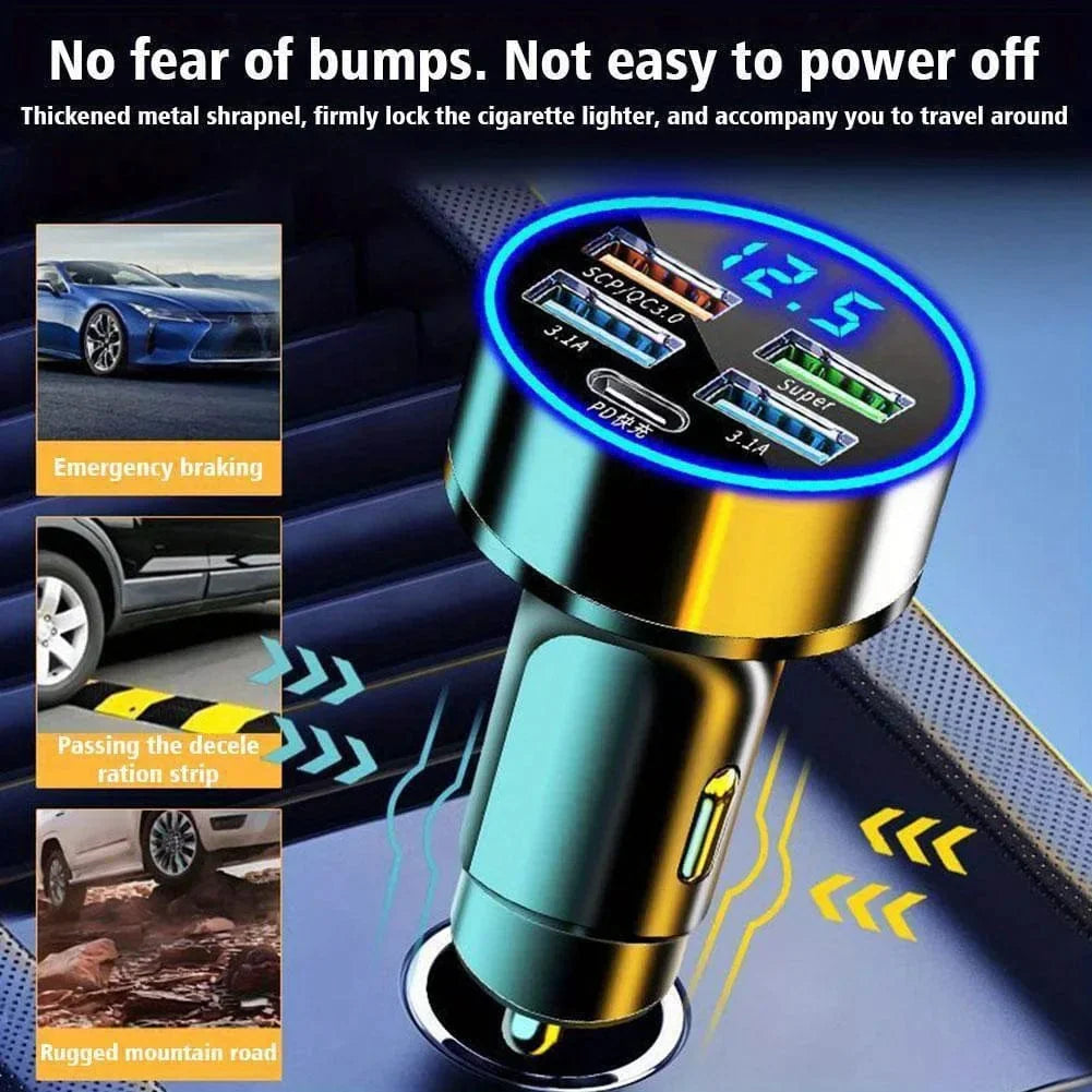 Showlu 4-port car charger with 54W PD and QC 3.0 fast charging, featuring multiple USB ports for quick device charging.