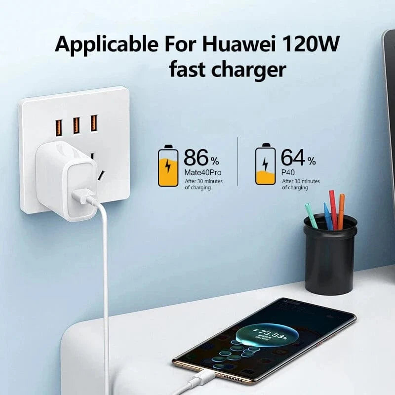 Showlu 120W 10A Type C fast charging cable for Huawei, Xiaomi, and Samsung smartphones, with a USB Type C connector.