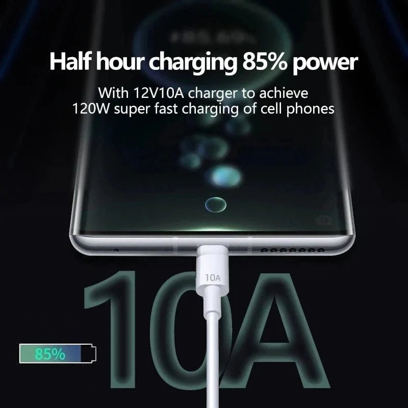 Showlu 120W 10A Type C fast charging cable for Huawei, Xiaomi, and Samsung devices, shown plugged into a smartphone.