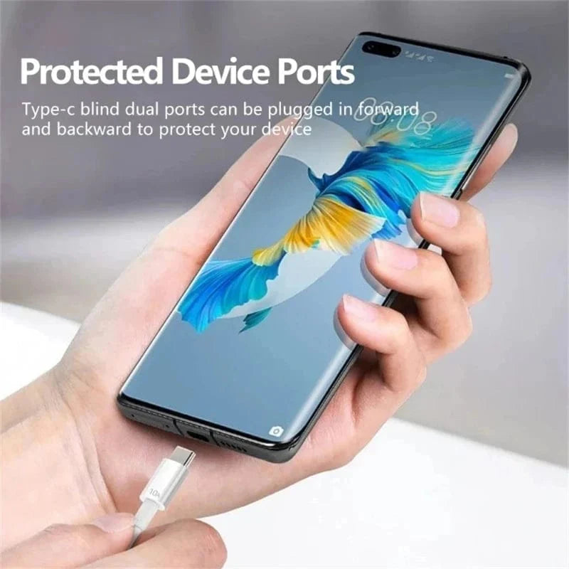 Showlu 120W 10A Type C fast charging cable for Huawei, Xiaomi, and Samsung devices, shown connected to smartphones.