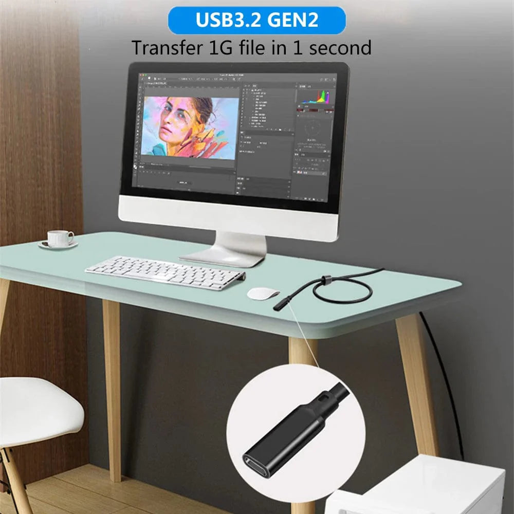 Showlu USB C extension cable with 100W power and 10Gbps transfer speed, male to female, 1 meter long.