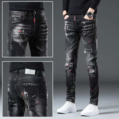 High Street 2022 Fashion Casual Ripped Jeans Men's Patch Teenagers Cowboy Paint Splash Ink Black Pencil Pants Skinny Jeans Men - SHOWLU FASHION STORE