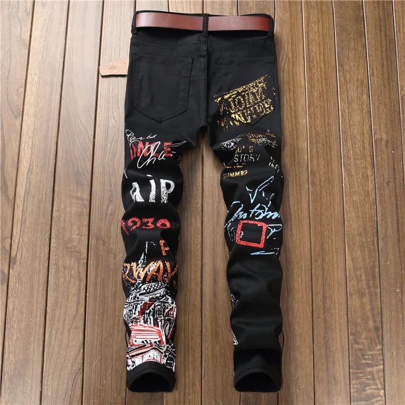 High Street Fashion Mens Jeans Night Club Black White Color Personal Designer Printed Jeans Men Punk Pants Skinny Hip Hop Jeans - SHOWLU FASHION STORE