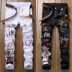 High Street Fashion Mens Jeans Night Club Black White Color Personal Designer Printed Jeans Men Punk Pants Skinny Hip Hop Jeans - SHOWLU FASHION STORE