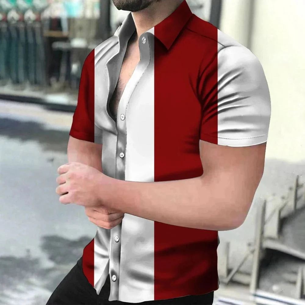 Showlu Fashion holiday beach striped 3D print short sleeve button shirt with lapel, casual unisex design for men and women.