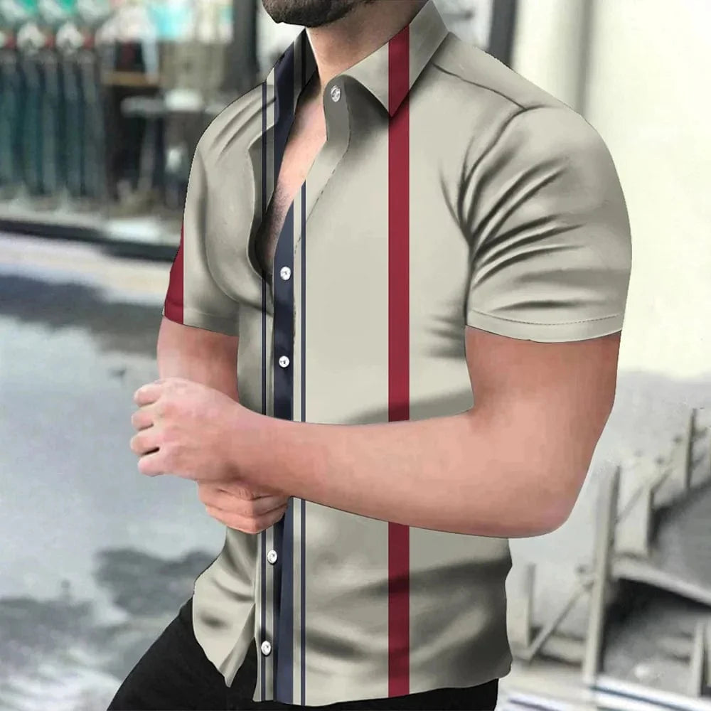 Showlu Fashion holiday beach striped 3D print short sleeve button shirt, casual unisex shirt with lapel collar and oversized fit.