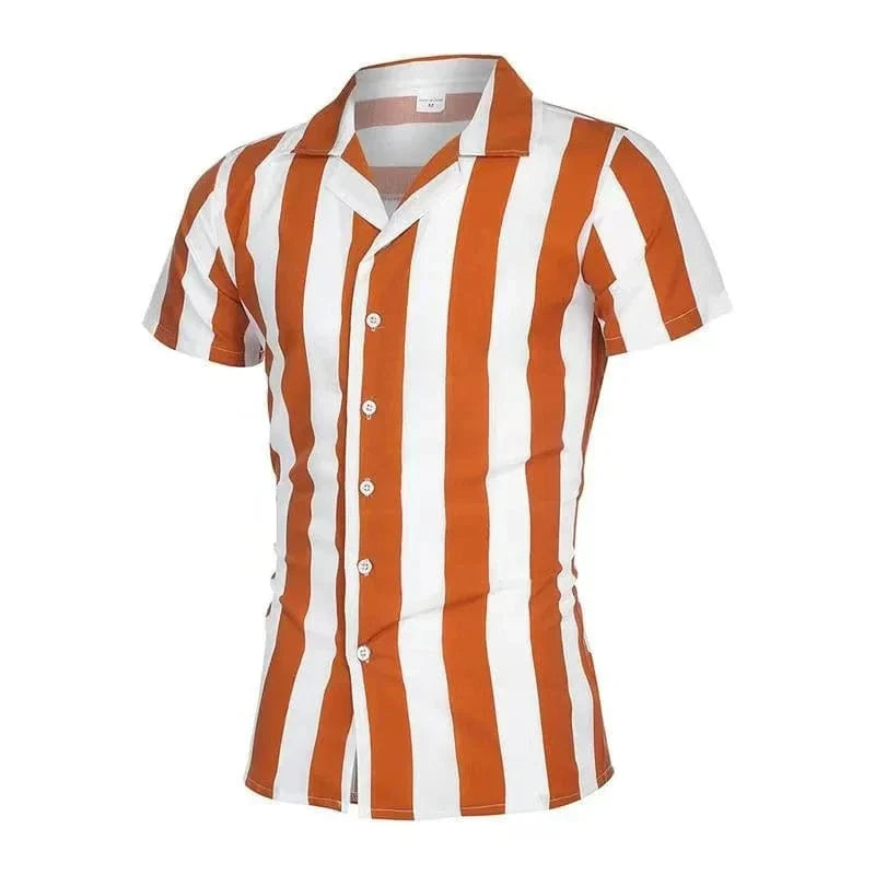 Showlu Fashion holiday beach striped 3D print short sleeve button shirt with lapel, casual unisex summer top for men and women.