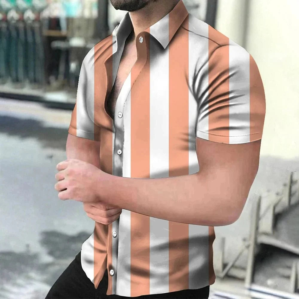 Showlu Fashion holiday beach striped 3D print short sleeve button shirt, casual unisex top with lapel collar for men and women.