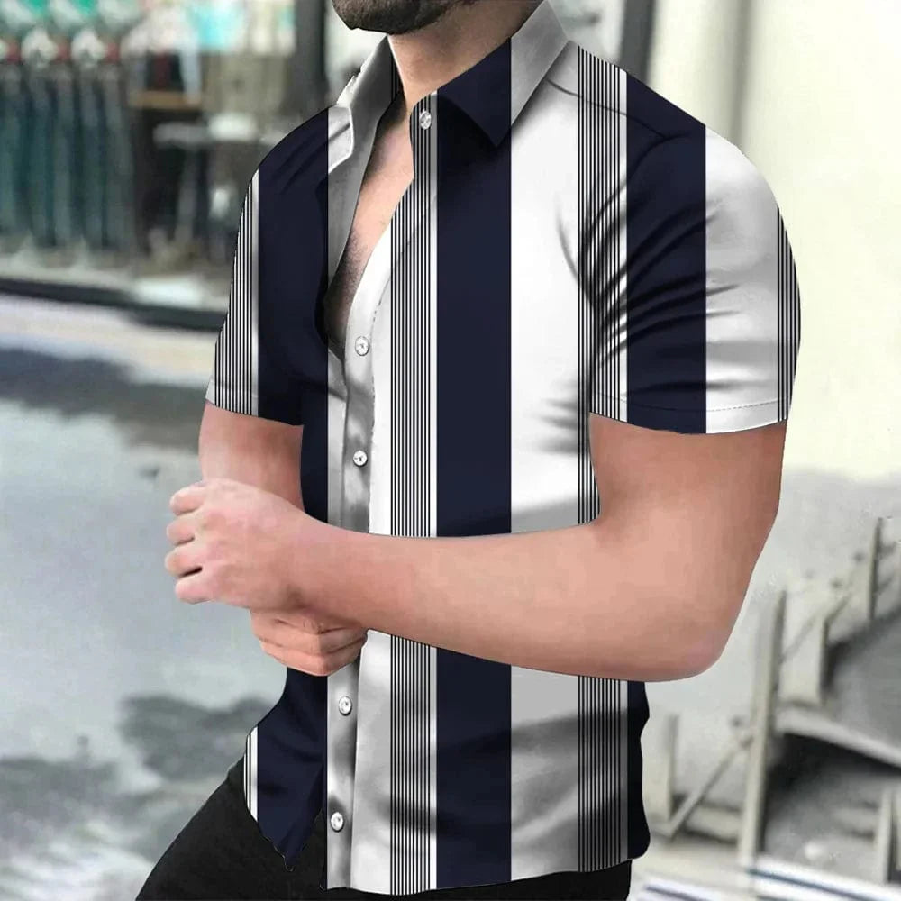 Showlu Fashion holiday beach striped 3D print short sleeve button shirt with lapel, casual unisex design, perfect for summer outings