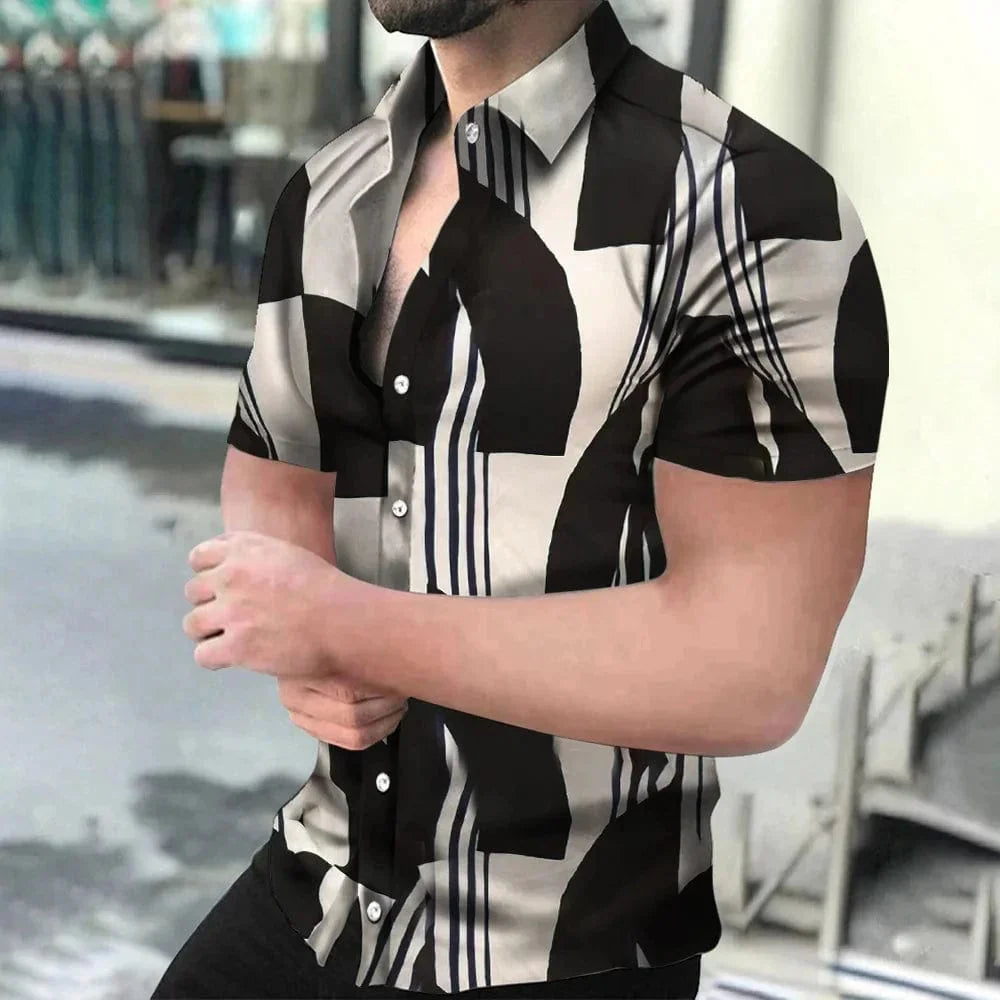 Showlu Fashion holiday beach striped 3D print short sleeve button shirt with lapel, casual unisex design for men and women.