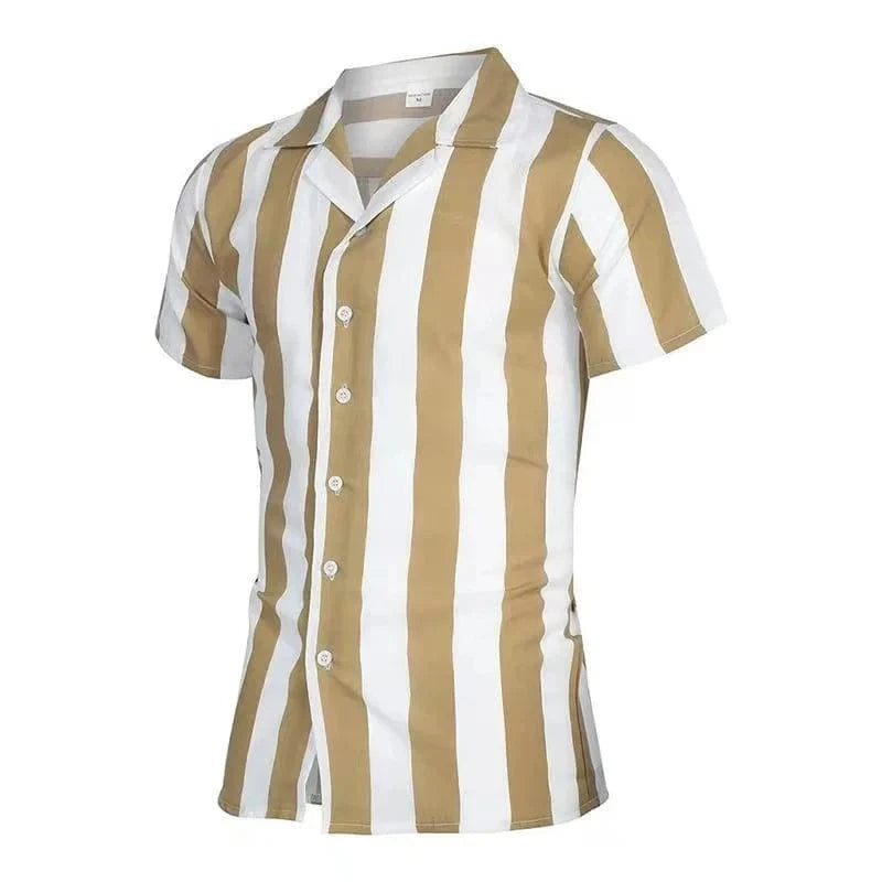 Showlu Fashion holiday beach striped 3D print short sleeve button shirt with lapel for men and women, casual and oversized style.