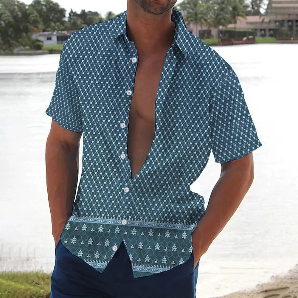 Showlu Fashion holiday beach striped 3D print short sleeve button shirt, unisex casual top with lapel, oversized fit for men and women