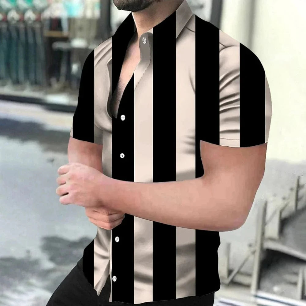 Showlu Fashion holiday beach striped 3D print short sleeve button shirt, unisex casual top with lapel collar for men and women.