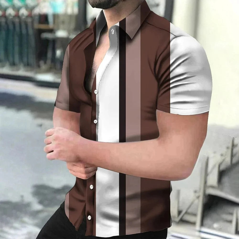 Showlu Fashion holiday beach striped 3D print short sleeve button shirt, casual unisex men's and women's summer top with lapel collar.