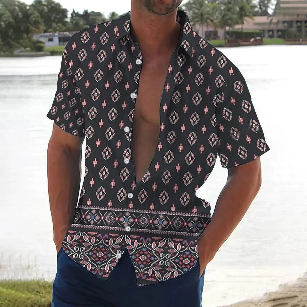 Showlu Fashion holiday beach striped 3D print short sleeve button shirt, unisex casual summer top with lapel collar.