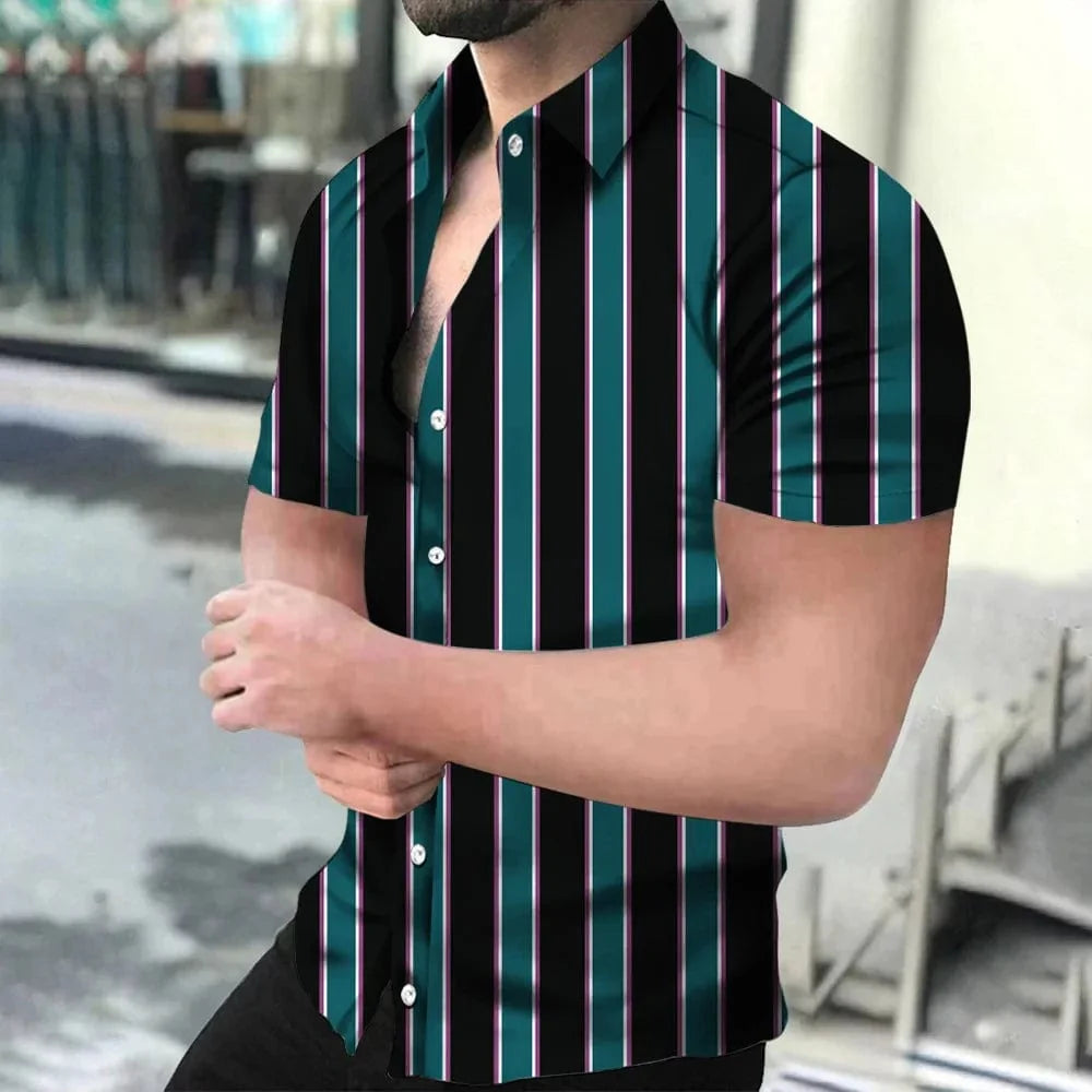 Showlu Fashion holiday beach striped 3D print short sleeve button shirt, casual unisex summer top with lapel collar.