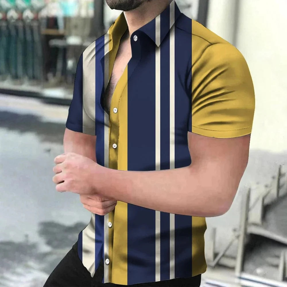 Showlu Fashion holiday beach striped 3D print short sleeve button shirt with lapel, casual unisex design for men and women.